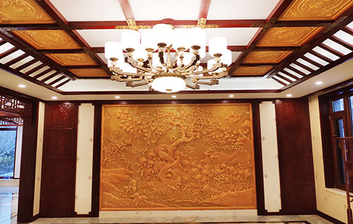 印台中式别墅客厅中式木作横梁吊顶装饰展示